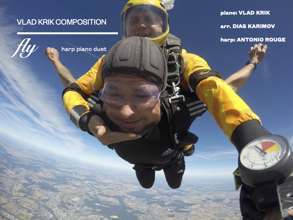 FLY — a Vlad Krik composition for harp and piano duet, cover photograph taken in free fall