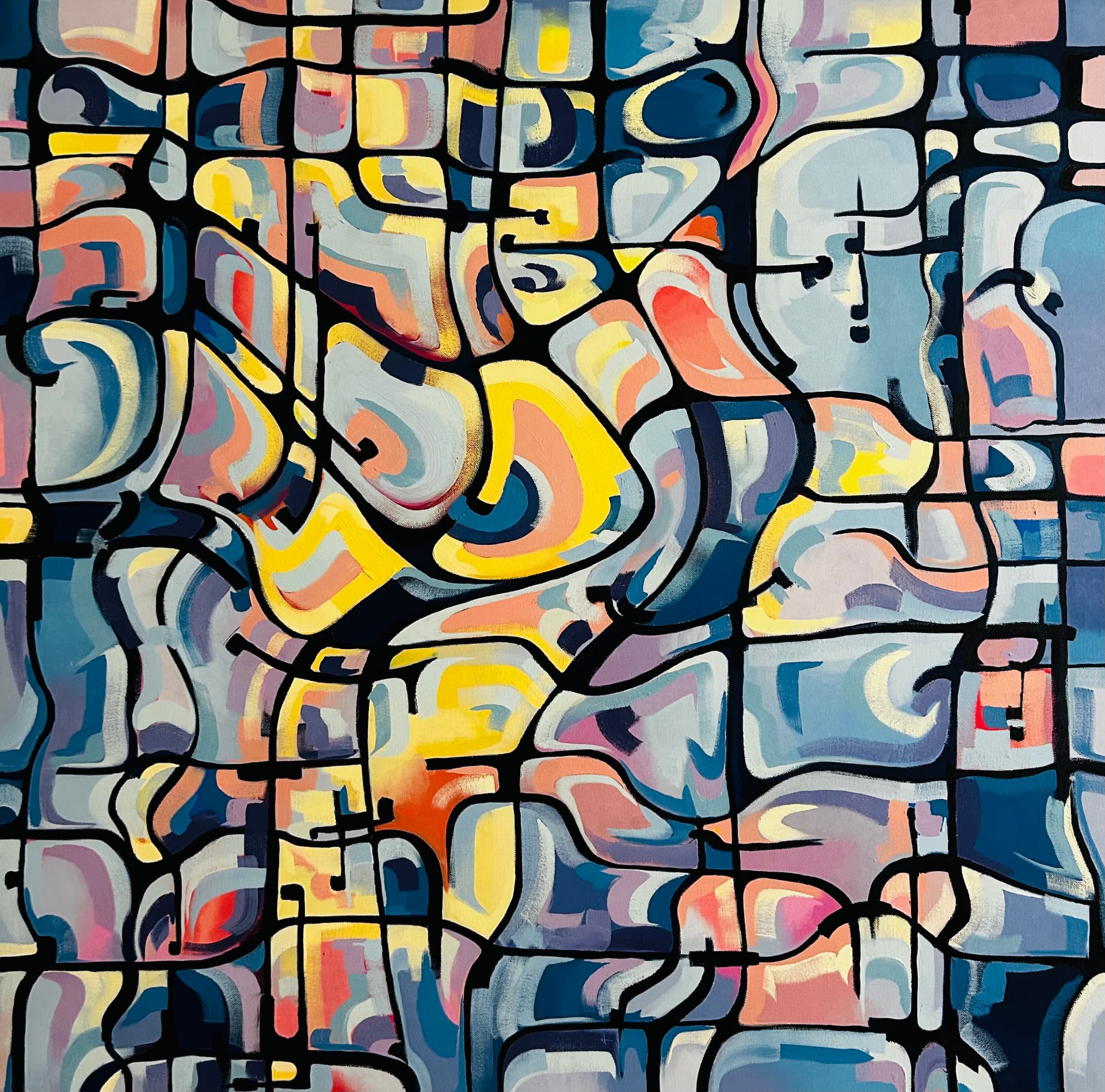 Painting of luminous colour fields divided by a system of dark frames, the visual reference of the KЯIK identity