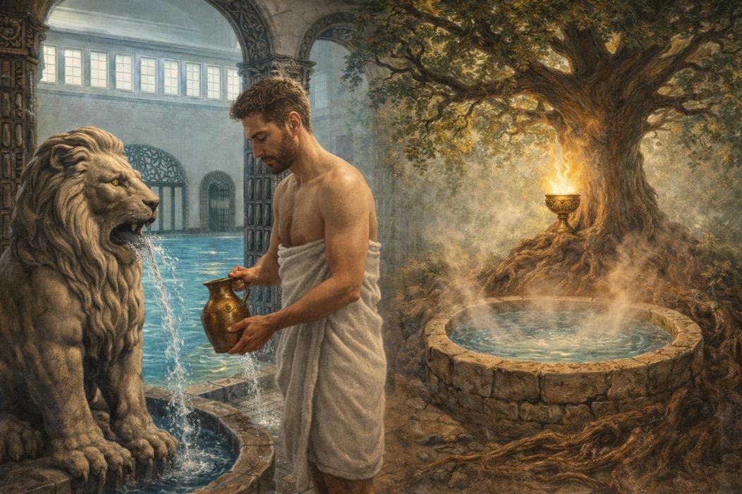Oscar scene — a man between the cold lion spring and the hot spring by the Tree of Life